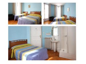 two pictures of a bedroom with two beds and a sink at Hostal Bayón in León