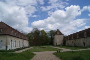 un antiguo edificio de ladrillo con una torre al lado de un campo en Château de Fontnoble, en Biozat