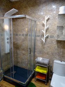 y baño con ducha y puerta de cristal. en Atico77, en Cáceres