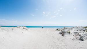 a person standing on a sandy beach near the ocean at Keros Blue - Luxury in Wilderness in Kalliópi