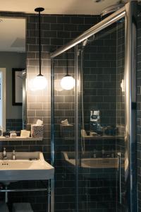 a bathroom with a sink and a glass shower at Haddington House in Dun Laoghaire