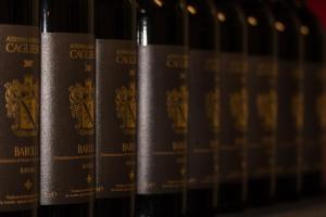 a row of bottles of wine on a shelf at Agriturismo Il Ciabot in Barolo