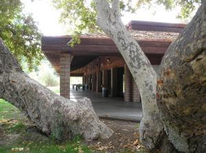 un edificio con un árbol delante de él en San Benito Camping Resort Cottage 10 en Paicines