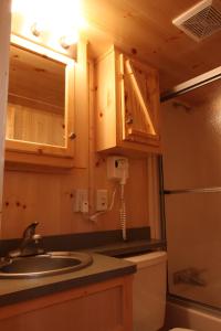 Una pequeña cocina con fregadero y refrigerador. en Blackhawk RV Campground Cabin 1, en Milton