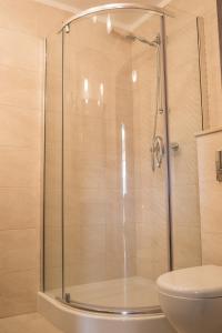 uma casa de banho com um chuveiro e um WC. em Apartament z Tarasem em Ustka