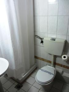 ein Badezimmer mit einem weißen WC und einem Waschbecken in der Unterkunft Hotel Lito in Paralia Katerinis