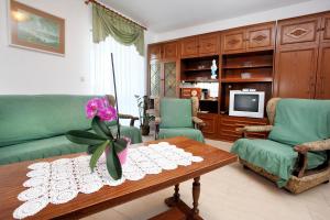 ein Wohnzimmer mit einem grünen Sofa und einem Tisch in der Unterkunft Apartment Patricija 1208 in Banjole