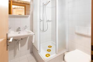 a bathroom with a shower and a toilet and a sink at Berghaus Männlichen in Grindelwald