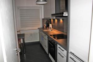Apartment Köln Weiden في كولونيا: مطبخ مع مغسلة وموقد فرن علوي