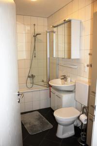 uma casa de banho com um WC, um lavatório e um chuveiro em Apartment Köln Weiden em Colônia