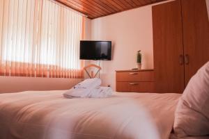 a bedroom with a bed with a flat screen tv at Roko Apartments in Biograd na Moru