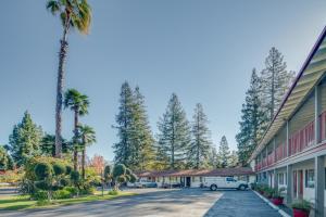 a parking lot in front of a motel with palm trees at The Palo Alto Inn in Palo Alto