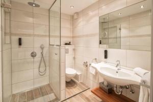 a bathroom with a sink and a toilet and a shower at Hotel Isartor in Munich