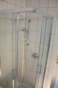 ゾーリンゲンにあるFerienwohnung Ohligsのバスルーム(ガラスドア付きのシャワー付)