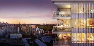 a rendering of a building with a view of a city at Moore to See - Modern and Spacious 3BR Zetland Apartment with Views over Moore Park in Sydney