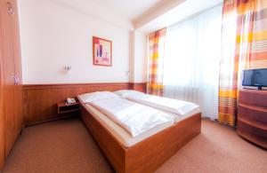 niewielka sypialnia z łóżkiem i telewizorem w obiekcie Hotel Vsacan w mieście Vsetín