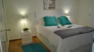 プエルト・カレロにあるCasa Yaizaのベッドルーム(緑の枕が付く大きな白いベッド付)