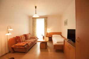 ein Wohnzimmer mit einem Sofa und einem TV in der Unterkunft Gasthof Pöchhacker in Steyr