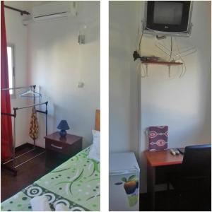 two pictures of a room with a bed and a tv at The Quiet Corner Guest House in Maputo