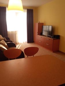 Una sala de estar con un sofá y un televisor. en Apartament 456, en Kołobrzeg