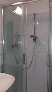 prysznic ze szklanymi drzwiami obok umywalki w obiekcie Petit Hotel w mieście San Benedetto del Tronto