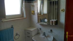 a small bathroom with a sink and a mirror at Holiday home Penić in Rogoznica +30 photos