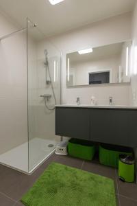 a bathroom with a sink and a shower with a mirror at Villa Moya in Nieuwpoort