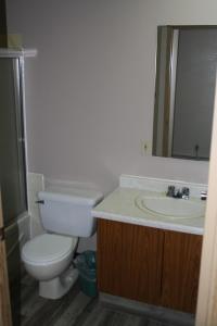 a bathroom with a toilet and a sink at Rimbey Motor Inn in Rimbey