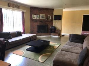 a living room with a couch and a fireplace at Teule Guest House in Oloitokitok 