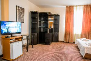a hotel room with a television and a bed and a room at Hotel Darina in Târgu-Mureş