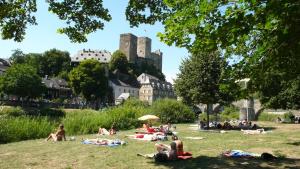 people laying on the grass in a park with a castle in the background at Lahnhaus Brühl/ Fende Haus in Arfurt