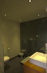 a bathroom with a shower and a tub and a toilet at De Heidebloem in Zoersel
