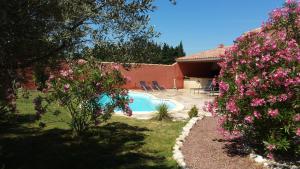 una piscina en un patio con flores rosas en L'Ispanina, en Thézan-des-Corbières