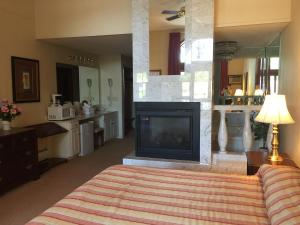 ein Schlafzimmer mit einem Kamin und einem Bett mit einem TV in der Unterkunft Lockport Inn and Suites in Lockport