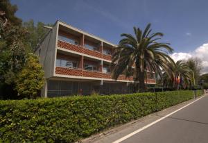 a building with a palm tree next to a street at Hotel Marina in Marina di Massa