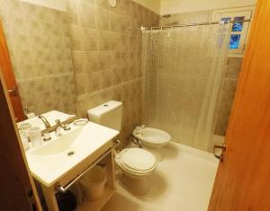 Un baño con inodoro, lavabo y ducha. en Camino de los Pioneros, en El Bolsón 12 fotos más