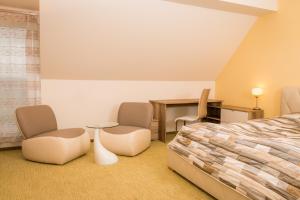 1 Schlafzimmer mit einem Bett, 2 Stühlen und einem Schreibtisch in der Unterkunft Golf Resort Česká Lípa in Nový Bor