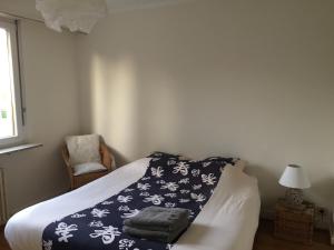 a bed with a blue and white blanket and a chair at Appartement Orana in Oberhausbergen