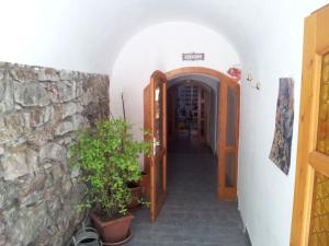 un couloir menant à un bâtiment avec un mur en pierre dans l'établissement Pension Siesta, à Třeboň