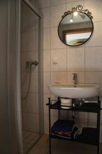 bagno con lavandino e doccia con specchio di Ferienwohnung Weidner a Rehau