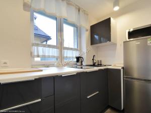 een keuken met een roestvrijstalen koelkast en een raam bij Admi Zakopane in Zakopane +18 foto's