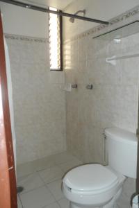 a bathroom with a toilet and a shower at Hotel Fernando in Tuxtla Gutiérrez