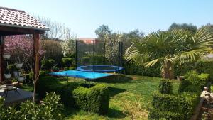 a garden with a blue trampoline in the yard at Solmaris apartments in Sukošan