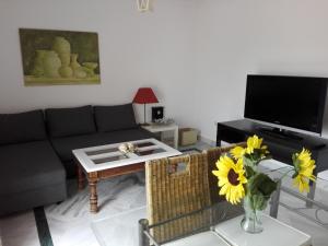 a living room with a couch and a tv at Atico Marbella Puerto Banus in Marbella