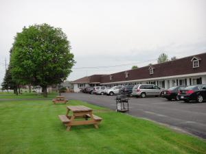 two picnic tables in the grass in front of a parking lot at Country Squire Motel in Arnprior