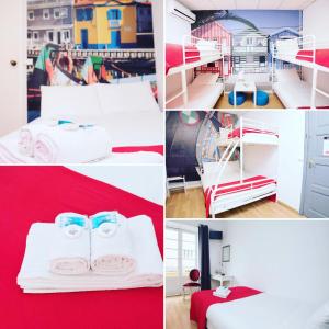 eine Collage mit Fotos mit Betten und einem Spielplatz in der Unterkunft Peters Guesthouse in Aveiro