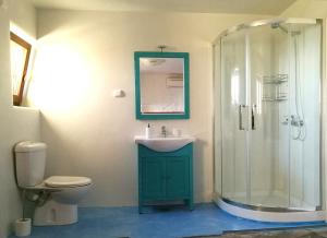 a bathroom with a green sink and a shower at Anastasia Luxury Villas in Gavrio