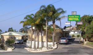 a parking lot with palm trees in front of a motel at Koala Tree Motel in Port Macquarie