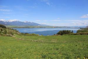 einen Blick auf einen See mit Bergen im Hintergrund in der Unterkunft Penzión Vivendi in Liptovský Mikuláš