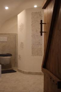 ein Bad mit einem WC und einer Wand in der Unterkunft Ferienhaus "Bei Koos" in Wiesbaum